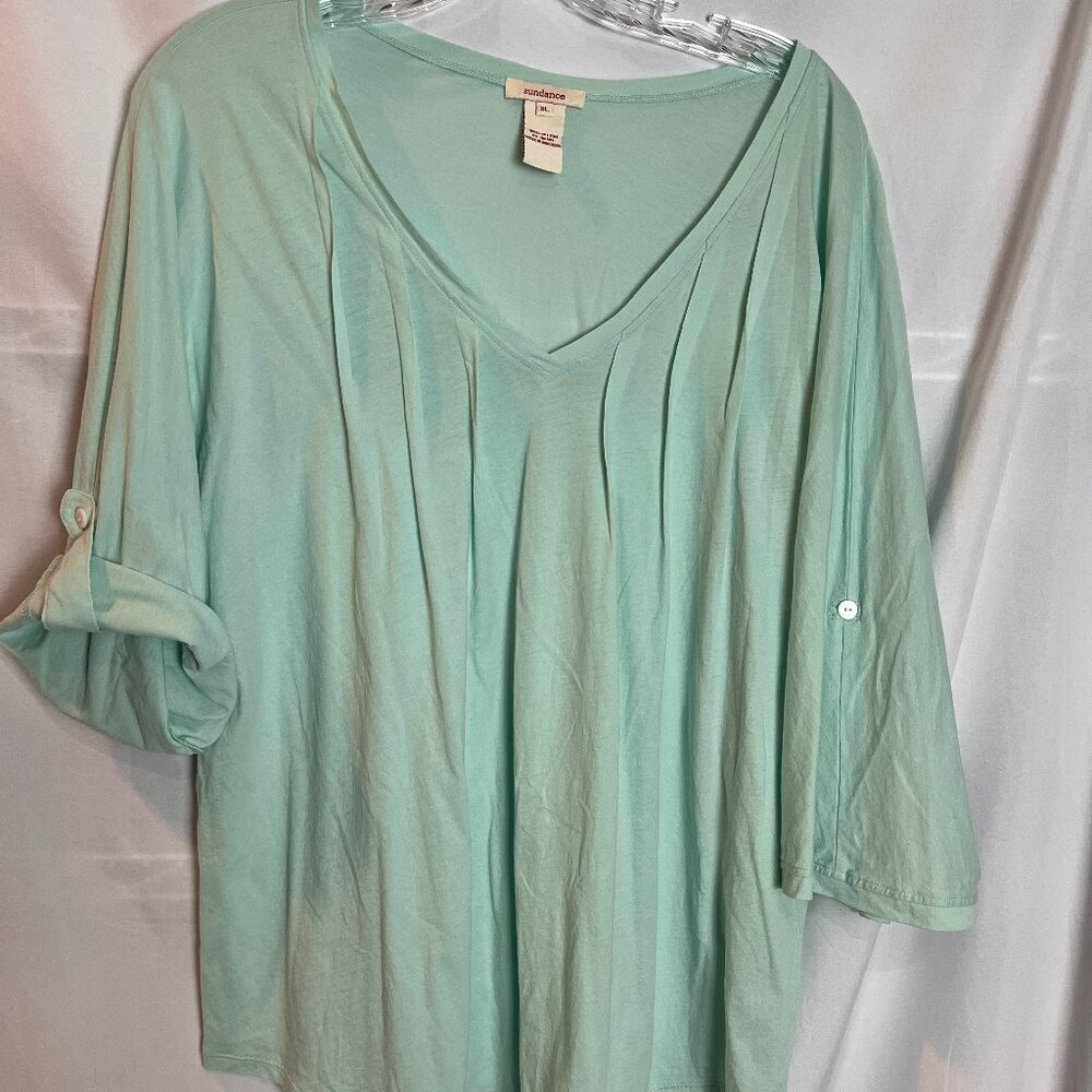 Women's Sundance Mint Green V neck 3/4 roll tab sleeve Size XL
